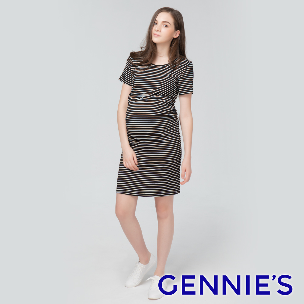 Gennies 奇妮 一件式修身哺乳洋裝(黑白條紋)