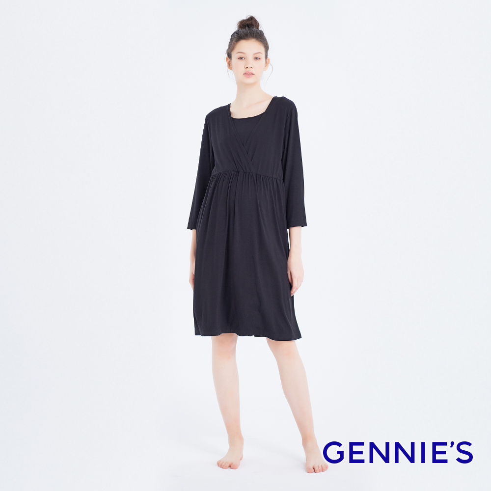 Gennies 奇妮 交叉V領哺乳洋裝(黑)