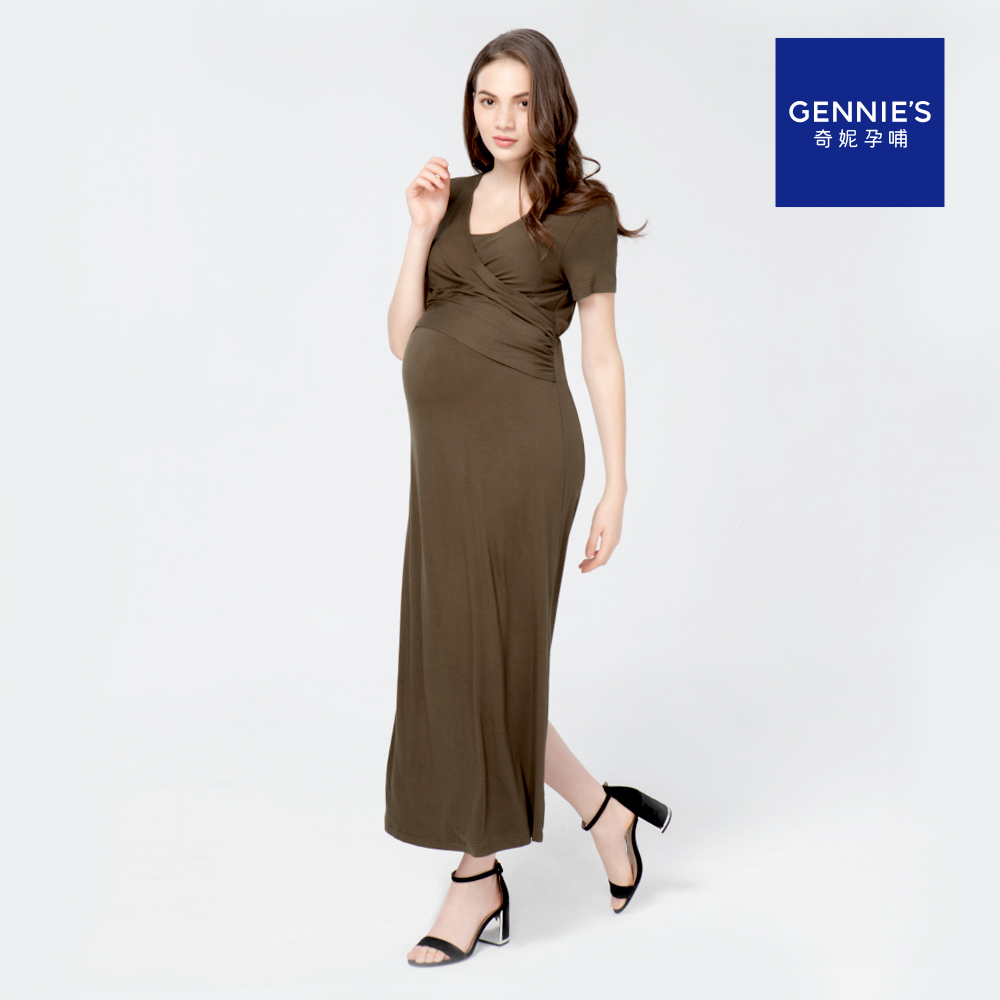 Gennies 奇妮 交叉側開時尚哺乳洋裝(綠)