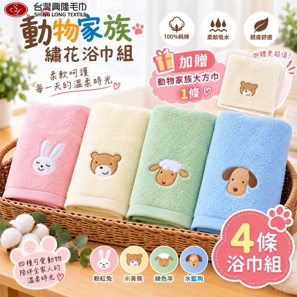 台灣興隆毛巾 台灣製  毛圈款動物家族純棉4條浴巾組 (加贈大方巾1條/吸水/多色配搭)（其他規格）