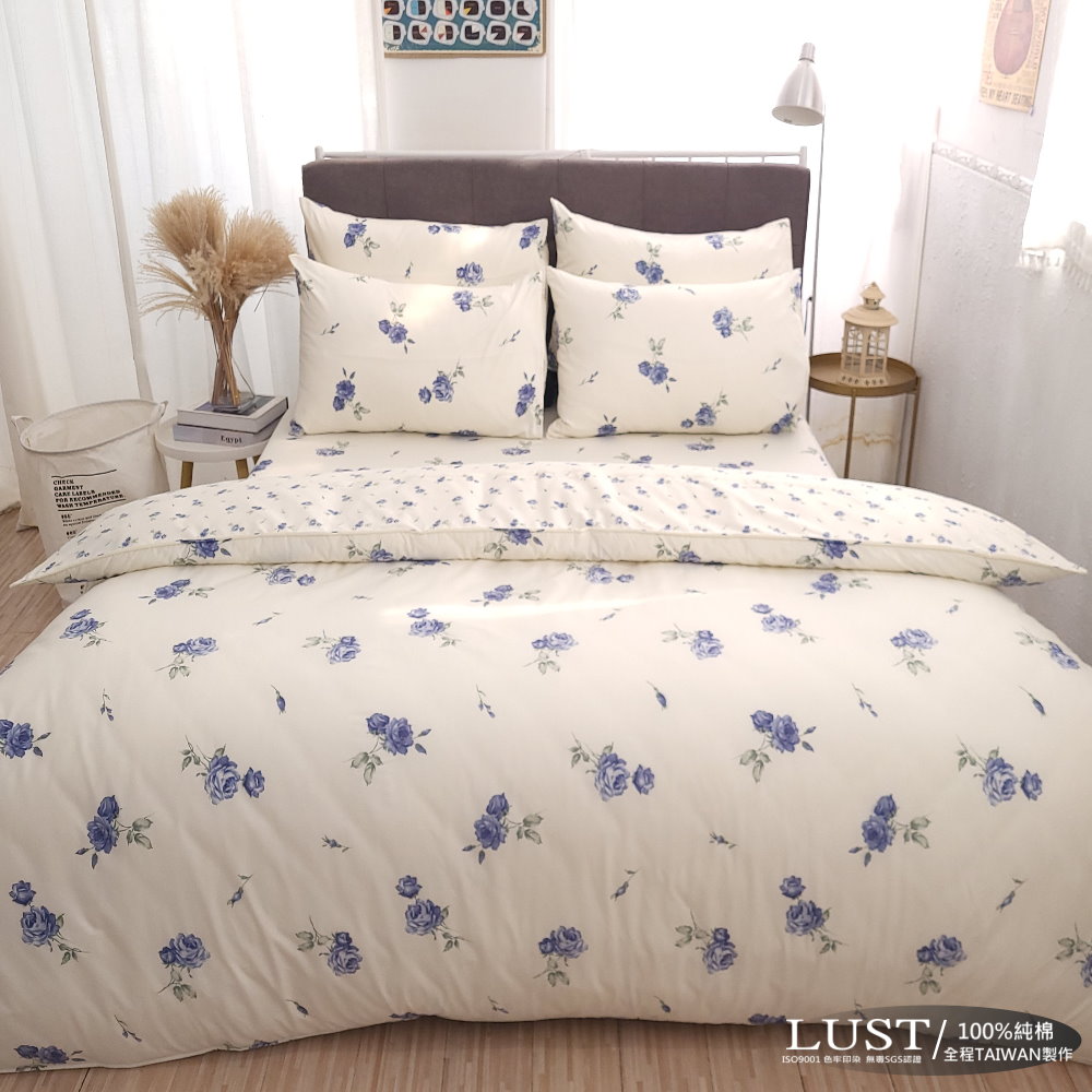 LUST 【藍莓鄉村】100%純棉單人加大3.5尺精梳棉床包/枕套組 (不含被套)台灣製