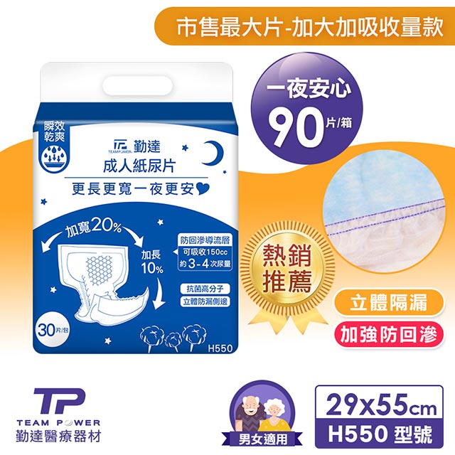 TEAMPOWER 勤達 成人尿片-夜用型加寬加長立體防漏瞬效乾爽-(共90片)30片X3包/箱